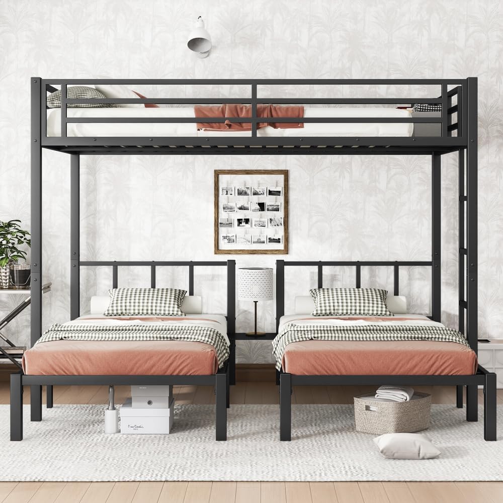 Twin Over Twin & Queen Bunk Bed, with Safety Guardrails,Space-Saving/Noise Reduced,Black (Black + Metal-1)