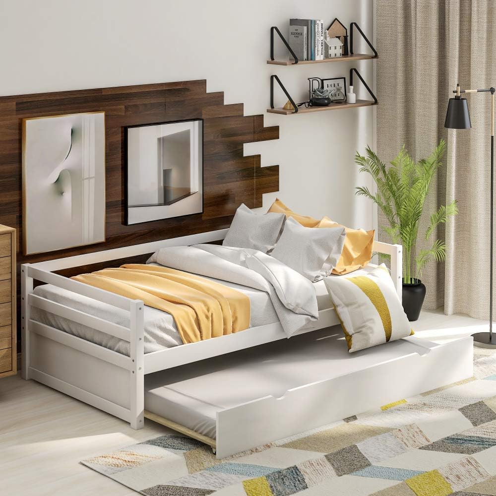 Twin Daybed with Trundle Frame Set in White, Solid Pine Wood Construction for Kids Room or Guest Bedroom (White + Pine + Twin)