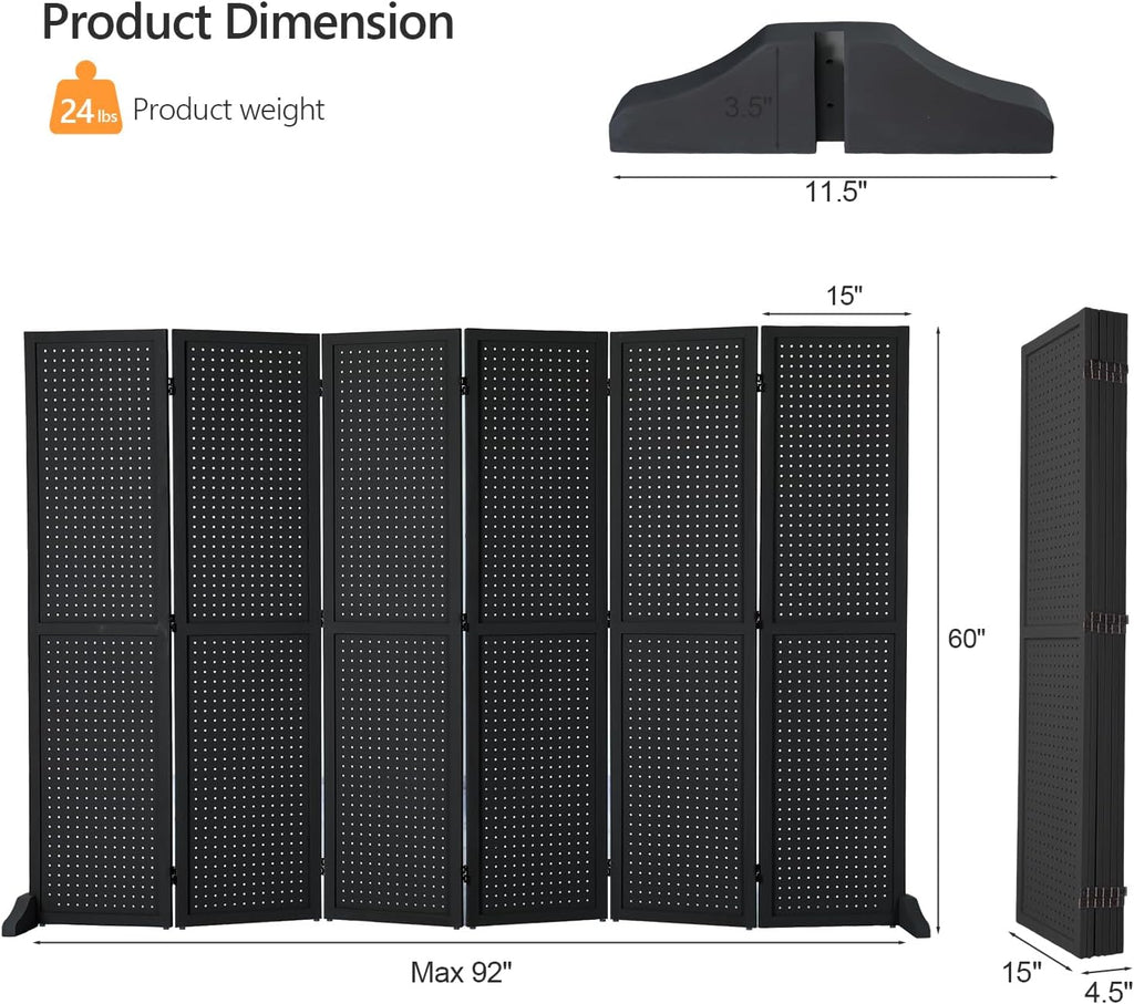 Bonnlo 4/6 Panel Pegboard Freestanding, 5 FT Portable Display Board Organizer for Craft Show Jewelry, Wooden Folding Privacy Screen Room Divider (Black, 6 Panel with Base)