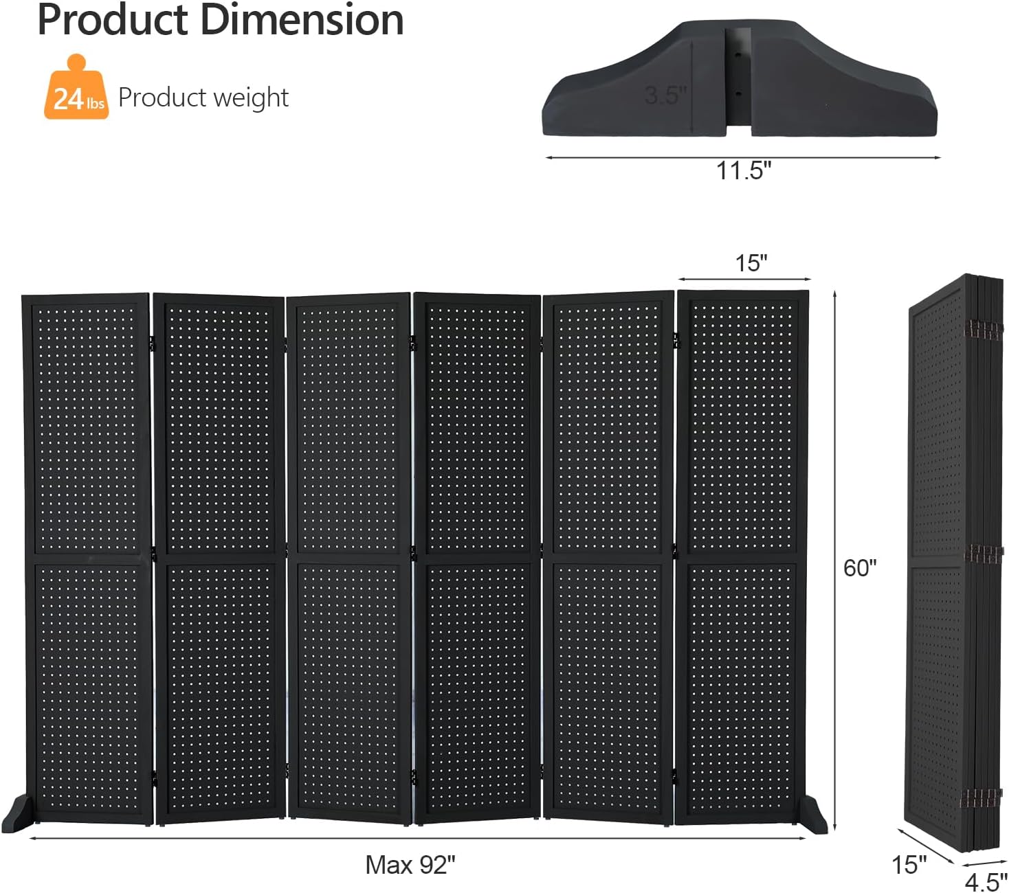 Bonnlo 4/6 Panel Pegboard Freestanding, 5 FT Portable Display Board Organizer for Craft Show Jewelry, Wooden Folding Privacy Screen Room Divider (Black, 6 Panel with Base)