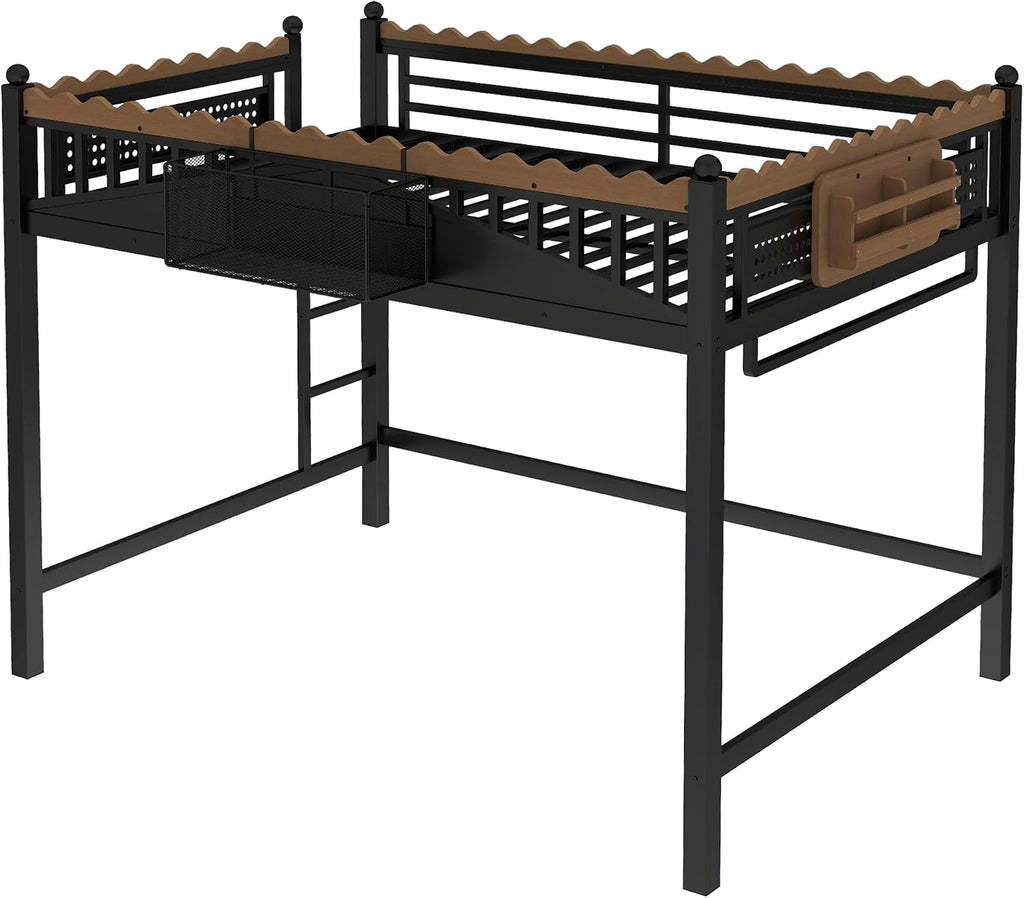 JIVOIT Metal Loft Bed with Built-in Storage Shelves and Bookshelf, Full Size Metal Loft Bed with Safe Ladder & Guardrail, Space-Saving Loft Bed, No Box Spring Needed and Chic Design