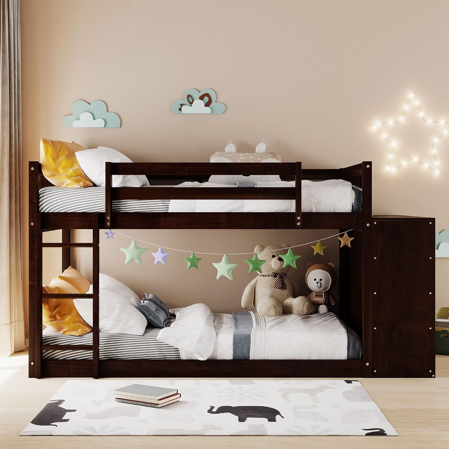 Twin-Over-Twin Size Bunk Bed, Bedroom Furniture Pine Wood Bed Frame with Storage Drawers and Open Shelves, Drawers and Shelves Set Can Be Moved, for Kids & Teens (Espresso)