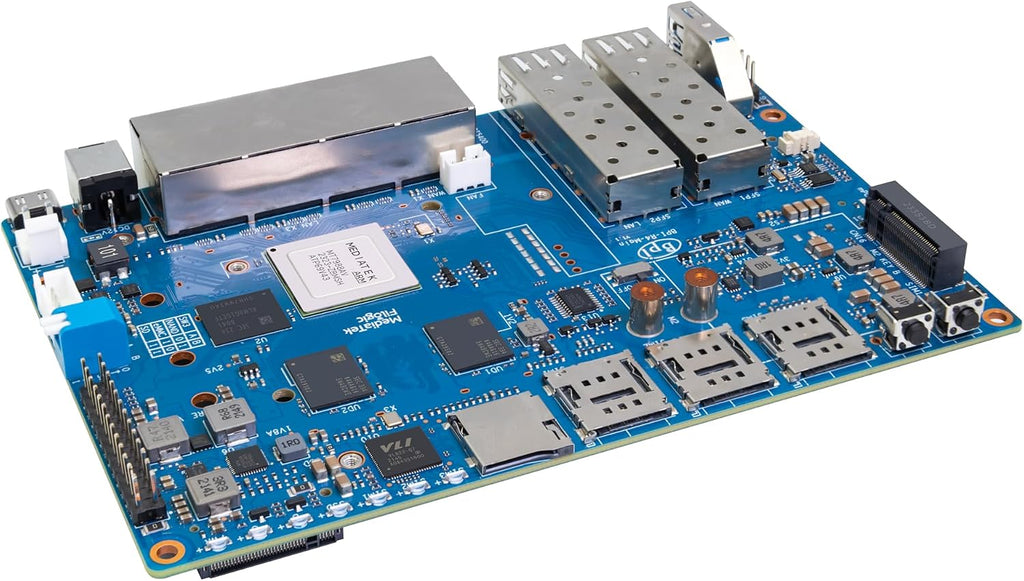 Banana Pi BPI-R4 Wi-Fi 7 Wireless Dual-Band WiFi OpenWRT Router Board, with MediaTek MT7988A (Filogic 880) SoC, Support 2X 10GbE SFP and 4X GbE Gigabit Ethernet for NAS Smart Home Gateway