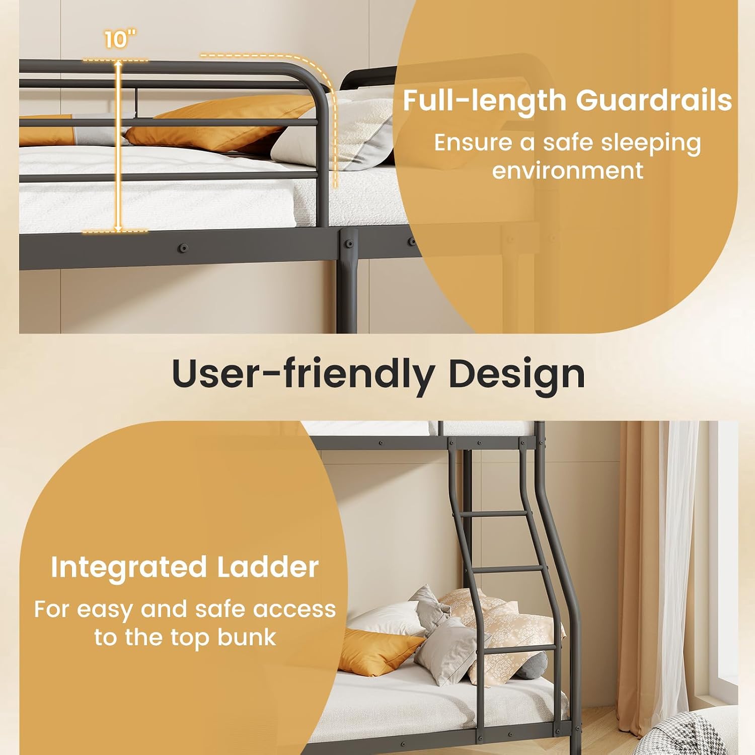 Giantex Metal Bunk Beds Twin Over Full Size, Heavy Duty Bunk Bed for Teens Adults with Ladder & Guardrails, Space Saving Metal Bunk Bed for Dorm, Bedroom, Apartment, No Box Spring Needed (Black)