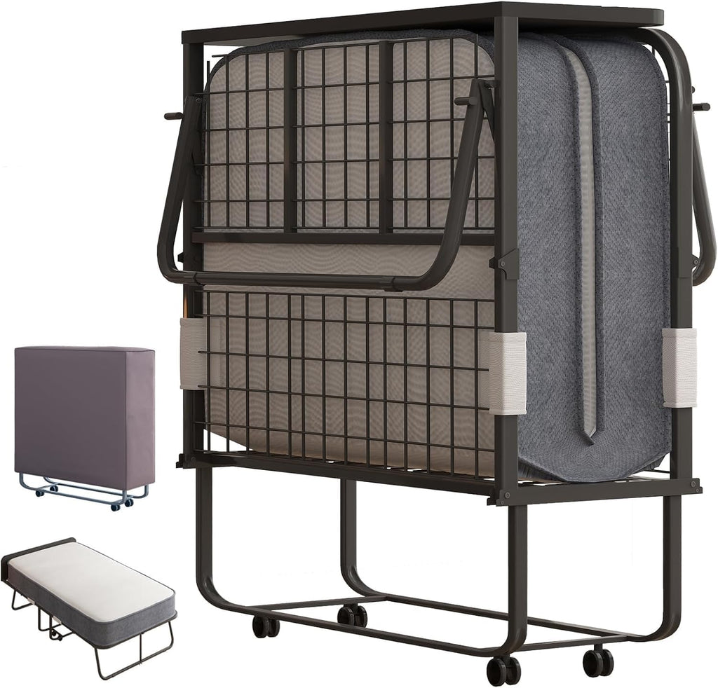 BALUS Folding Bed with Mattress, 75' x 31' Rollaway Bed with Headborad & Dustproof Bag, Portable Fold Up Beds with 5' Rebound Mattress, 2 Locking Caster Foldable Twin Frame for Bedroom/Office（Upgrade）