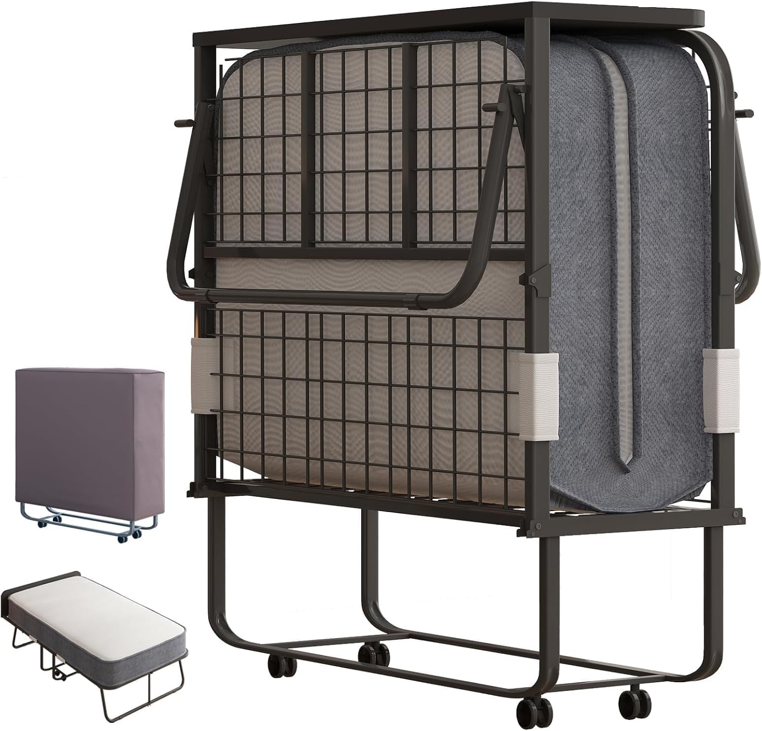 BALUS Rollaway Bed with Mattress for Adults, 75' x 46' Fold Up Bed with Headborad & Dustproof Bag, Space Saving Rollaway Beds for Guests, Foldable Sturdy Metal Frame for Bedroom/Apartment（Upgrade）