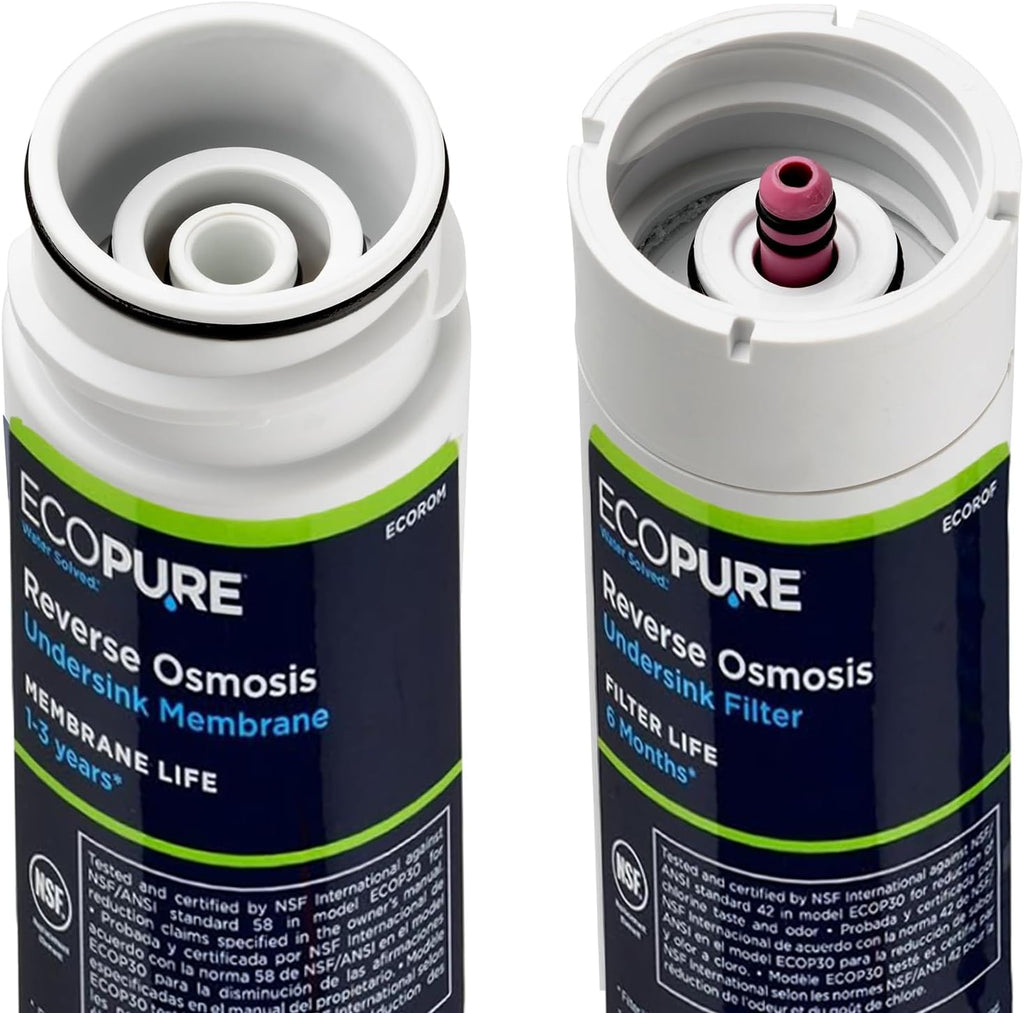 EcoPure Reverse Osmosis Filter and Membrane Set - Includes Membrane ECOROM and Pre/Post Filter Set ECOROF - Plus Reminder Tag - NSF Certified Authentic OEM Parts for ECOP30 RO Unit - EcoPure Only