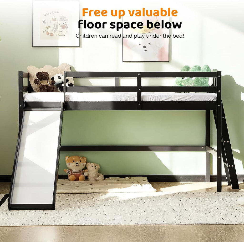 VINGLI 47 Inches Medium High Loft Bed with Slide, Space Saving Kids Low Loft Bed Twin Size with Guardrail and Flat Ladder, Pine Wood Bed Frame for Boys and Girls, Black