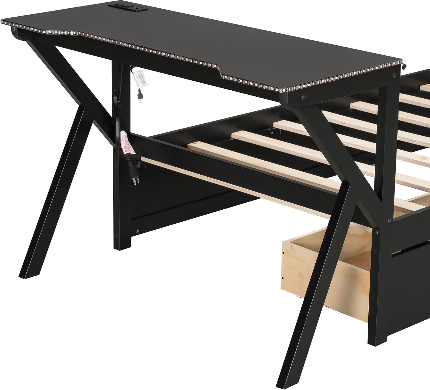 JIVOIT Twin Size Wooden Gaming Platform Bed with Desk, Two Storage Drawers, Headboard, Wood Slats Support, No Spring Box Needed