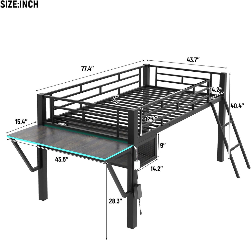 Modern Gaming Mid Loft Bed with Built-in LED Lights & Large Desk, High Sleeper Twin Size Bed with PC Gaming Setup for Teenagers, Space-Saving Furniture for Small Room (Black + Twin)