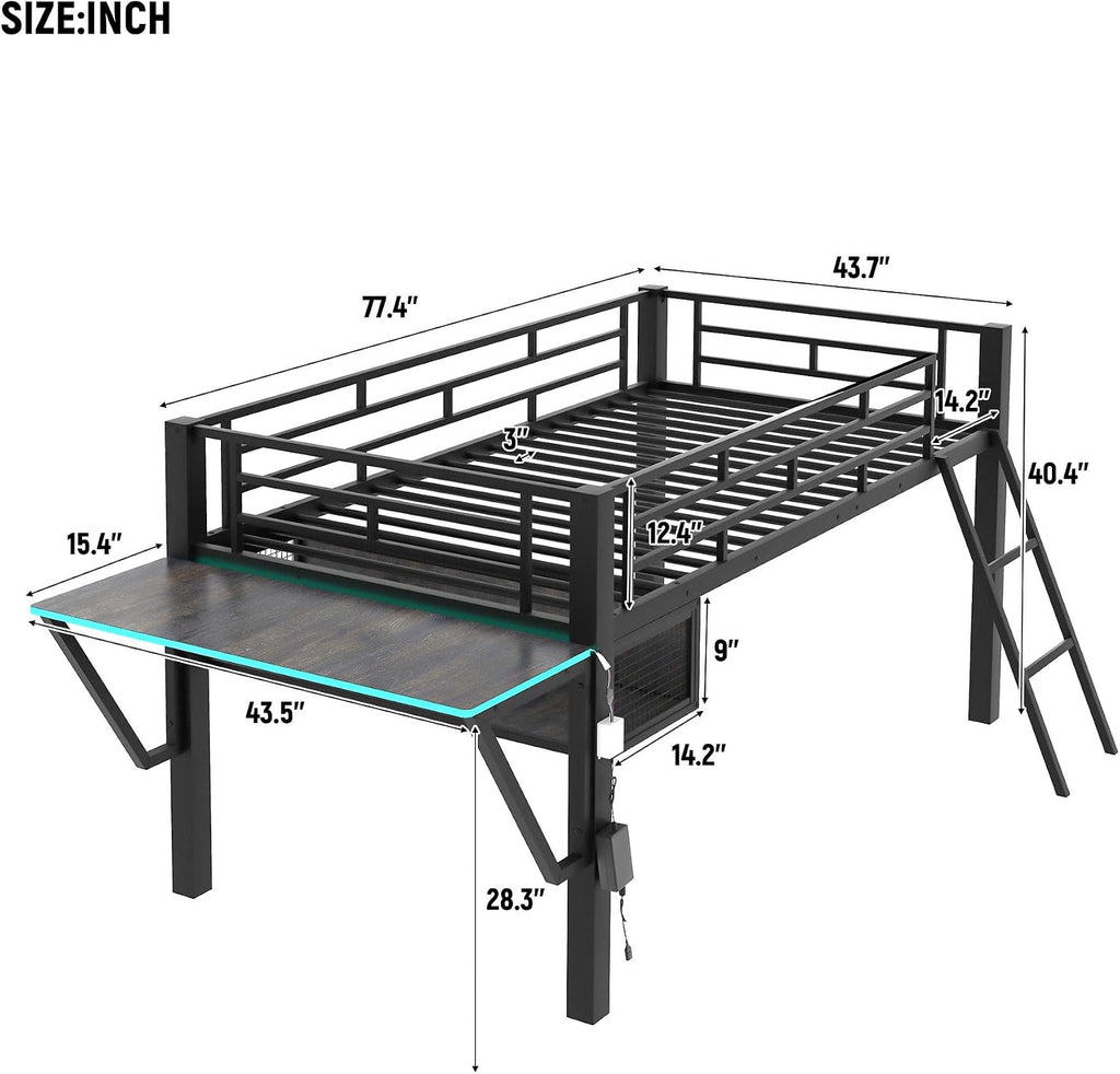 GOWE Gaming mid loft Bed with Desk, LED, Twin, Black