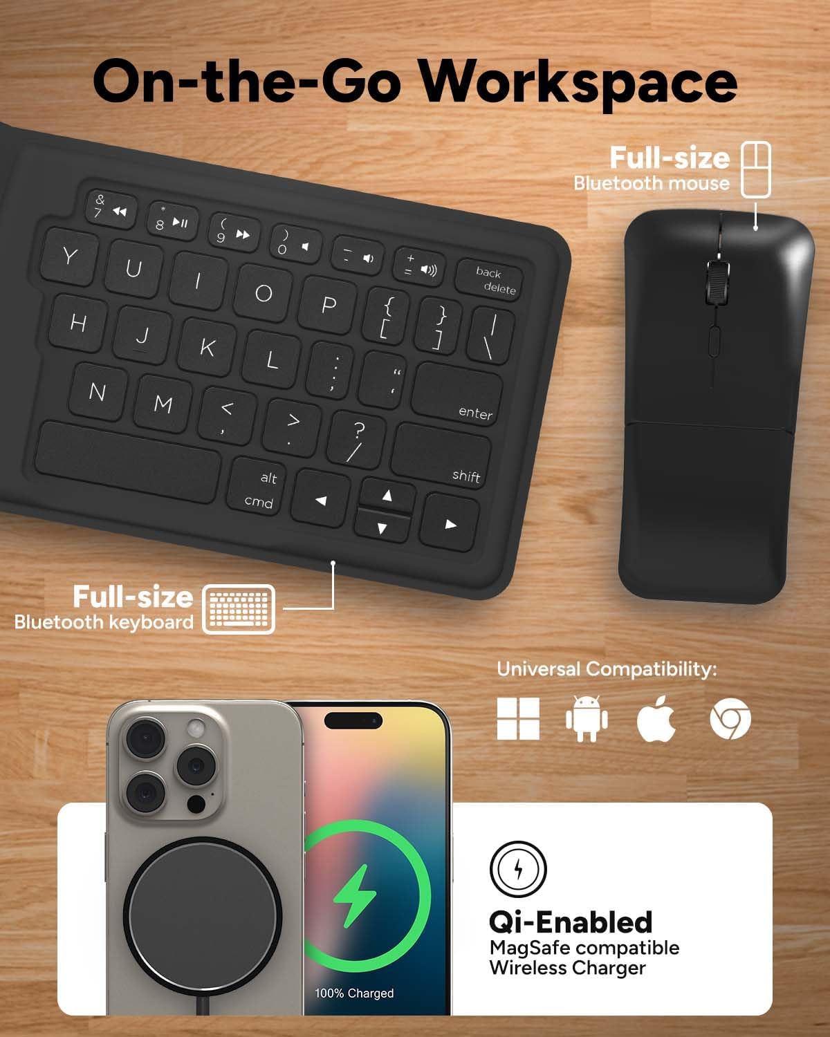 ZAGG Desktop Essentials International Travel Kit - International Power Adapter, Foldable Bluetooth Keyboard, Mouse, Wireless Charger, USB C Charging Cable, HDMI, Car Charger, 20W USB C Charging Block