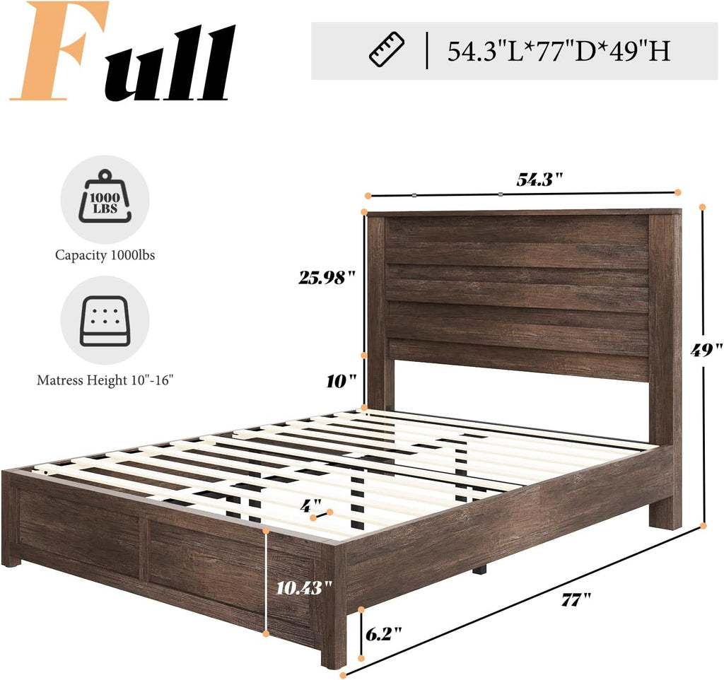 AMERLIFE Farmhouse Full Size Bed Frame with 49' Fluted Headboard, Platform Bed with Natural Wood Grain, No Box Spring Needed/Noise Free, Grey