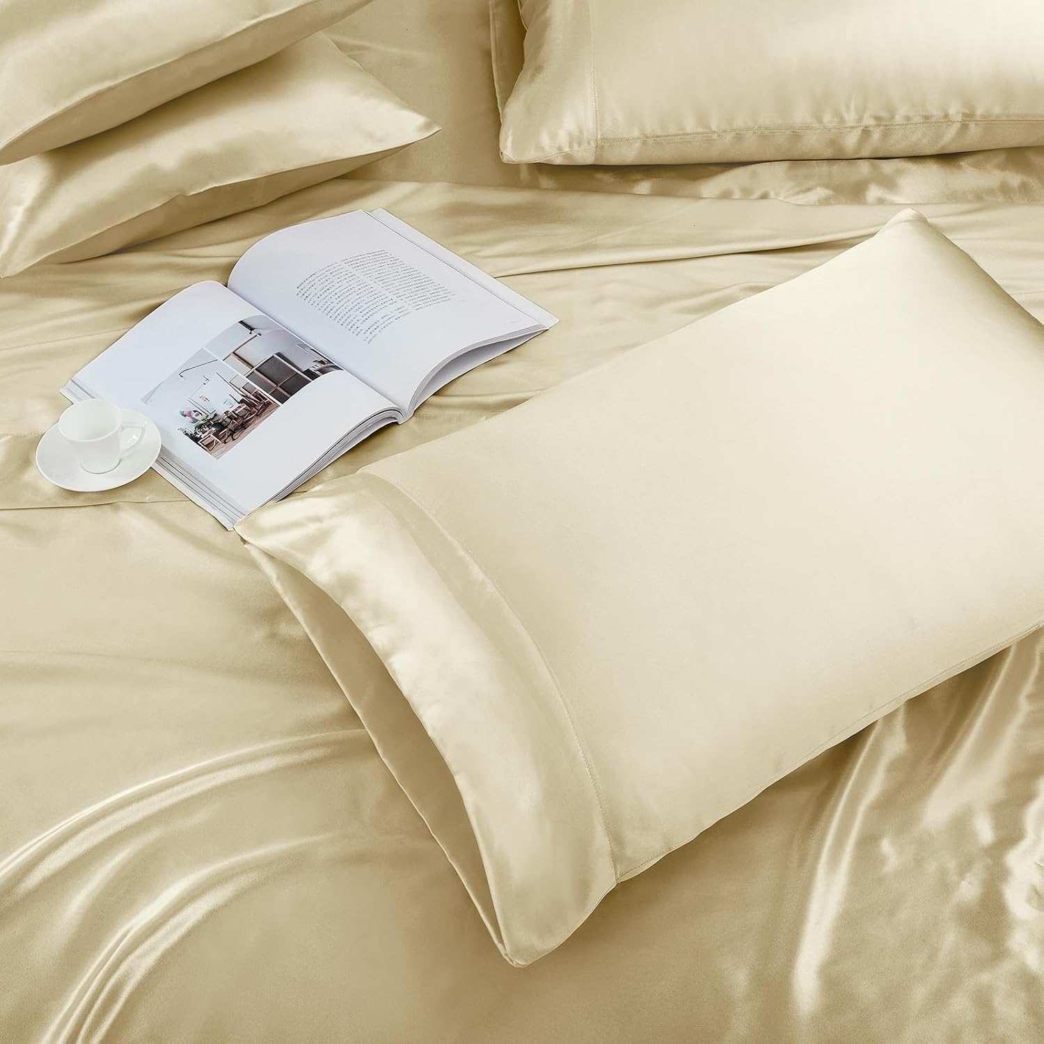 Twin XL Size 4-Piece Sheet Set Premium Mulberry Silk Bed Sheets Set Fits 14-16' Deep Pocket - Luxurious Soft Silk (Solid, Beige)