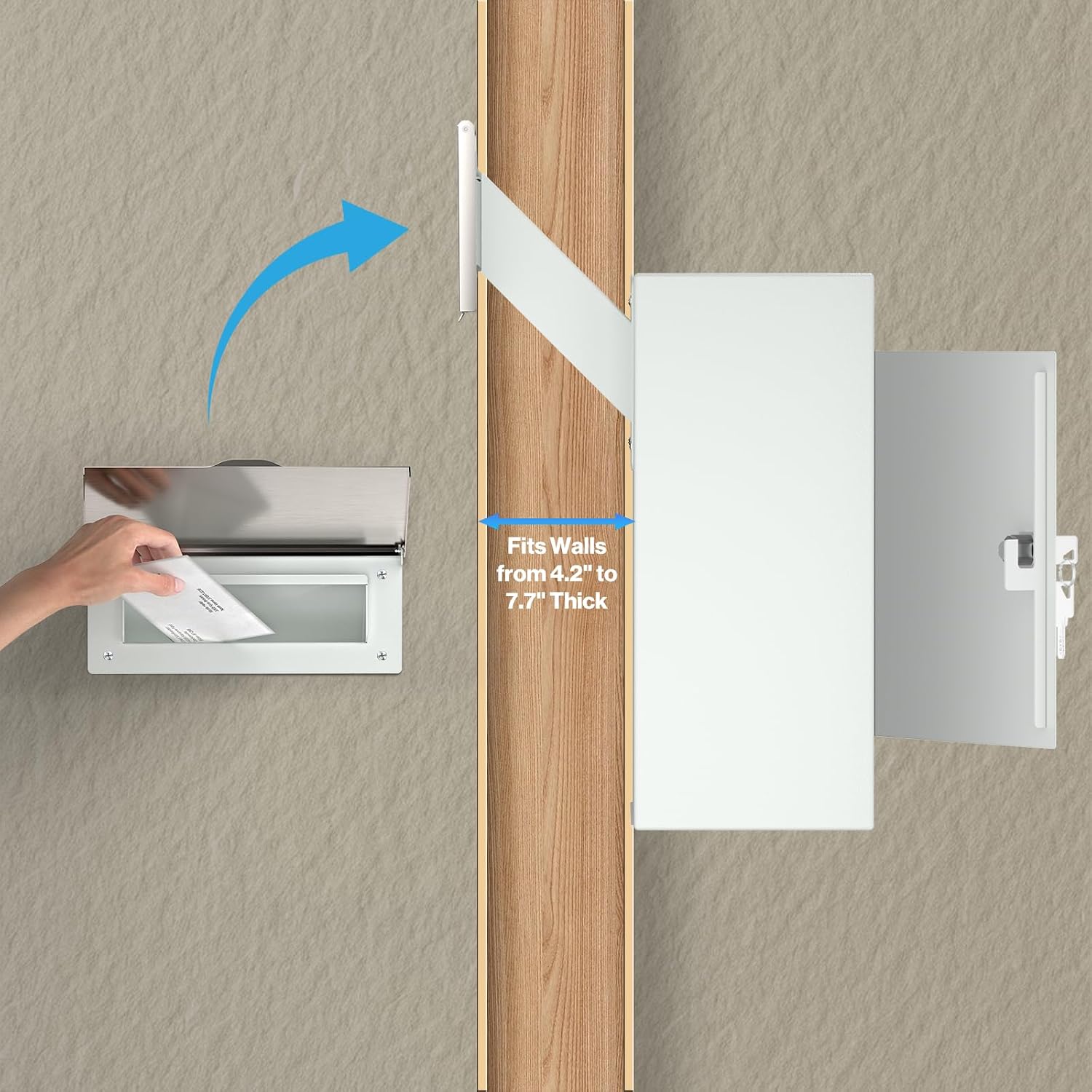 Pochar Through-The-Wall Drop Box with Rainproof Cover | Heavy Duty Through Wall Mailbox with 10-Inch Adjustable Chute | Rainproof Locking Drop Safe for Mail, Rent, Checks, Cash, and Keys(White)