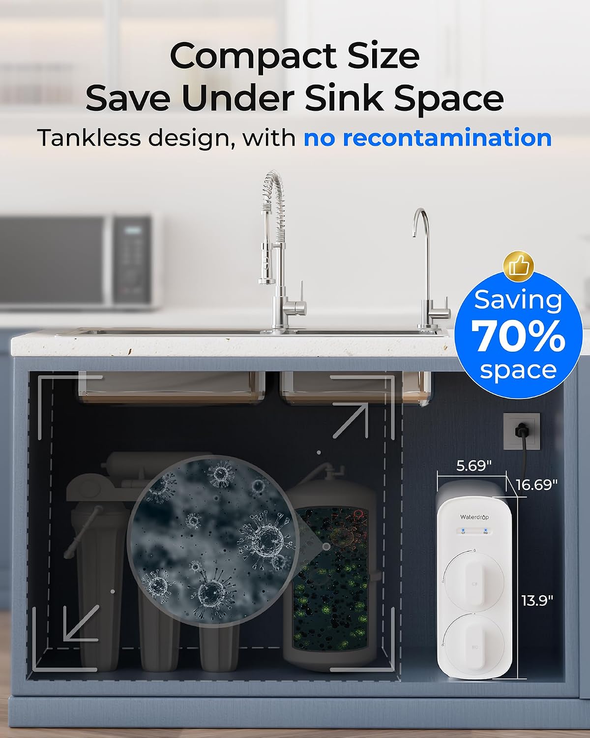 Waterdrop G5P500 Reverse Osmosis Water Filter, NSF/ANSI 58 & 372 Certified, 7 Stage Reverse Osmosis System, 500G RO Water Filtration System, 2:1 Pure to Drain, Reduces TDS PFAS, BPA Free