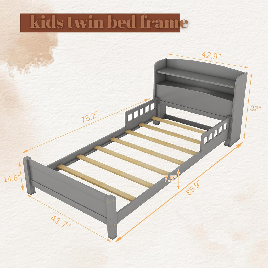 Twin Bed Frames for Kids with Storage Bookcase, Twin Kids Bed Frame with LED Motion Sensor Light & Guardrails, Kids Wood Twin Bed Frame, No Box Spring Needed, Grey