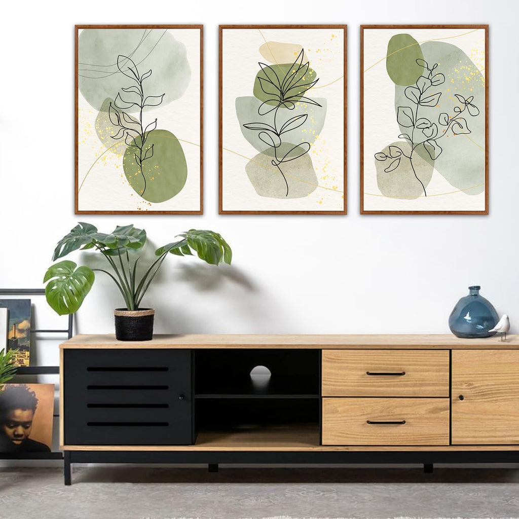 KAlRNE Boho Botanical Framed Canvas Wall Art Set of 3(24'X36'),Abstract Sage Green Wall Decor,Minimalist Watercolor Picture,Modern Geometric Black Line Art Prints For Living Room Bedroom Office