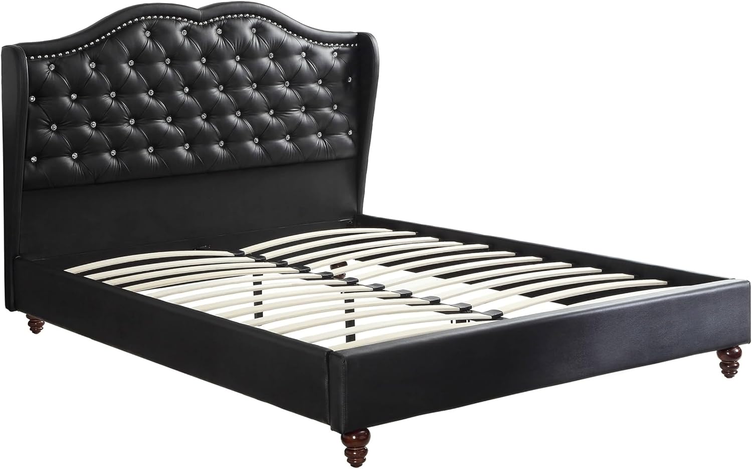 Queen Bed Frame Platform | Queen Size Bed 1Pc Bed Set Black Faux Leather Upholstered Wingback Design Bed Frame Headboard Bedroom Furniture Tufted Upholstered