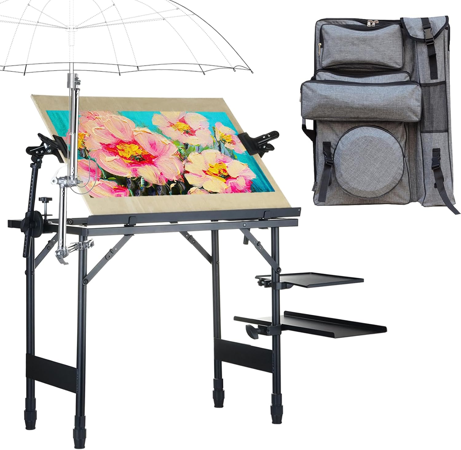 CWPW Artist Easel Stand Metal Foldable Portable Ergonomic Adjustable Easel for Painting Canvases Height from 16' to 30' Equipped with Carry Bag&Umbrella Stand for Outdoor&Indoor Painting Drawing