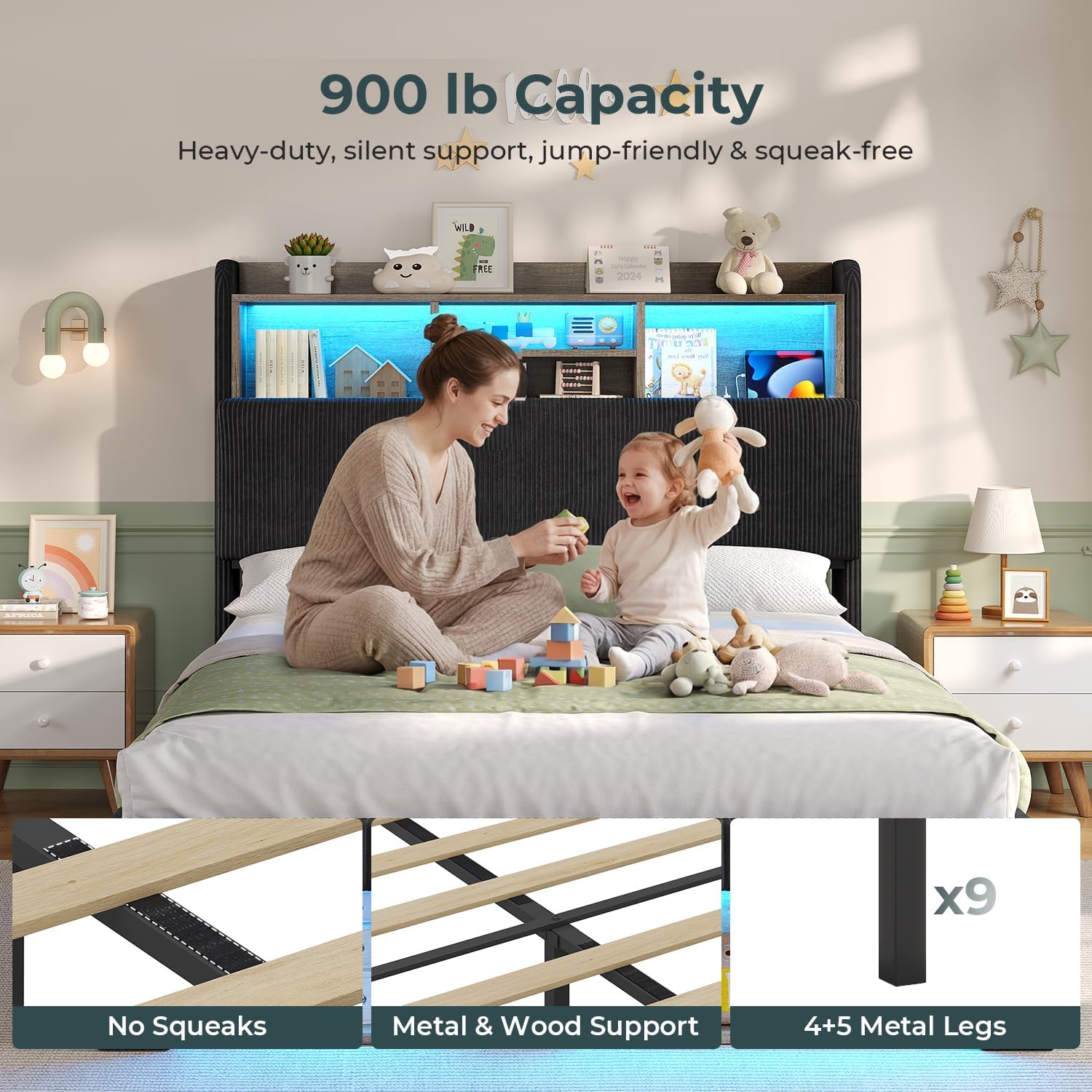 ADORNEVE Twin Bed Frames with 4 Storage Drawers, 2 Footboard Cubbies and RGB Lights, Corduroy Upholstered Platform Bed with Charging Station and Storage Headboard, No Box Spring Needed, Black
