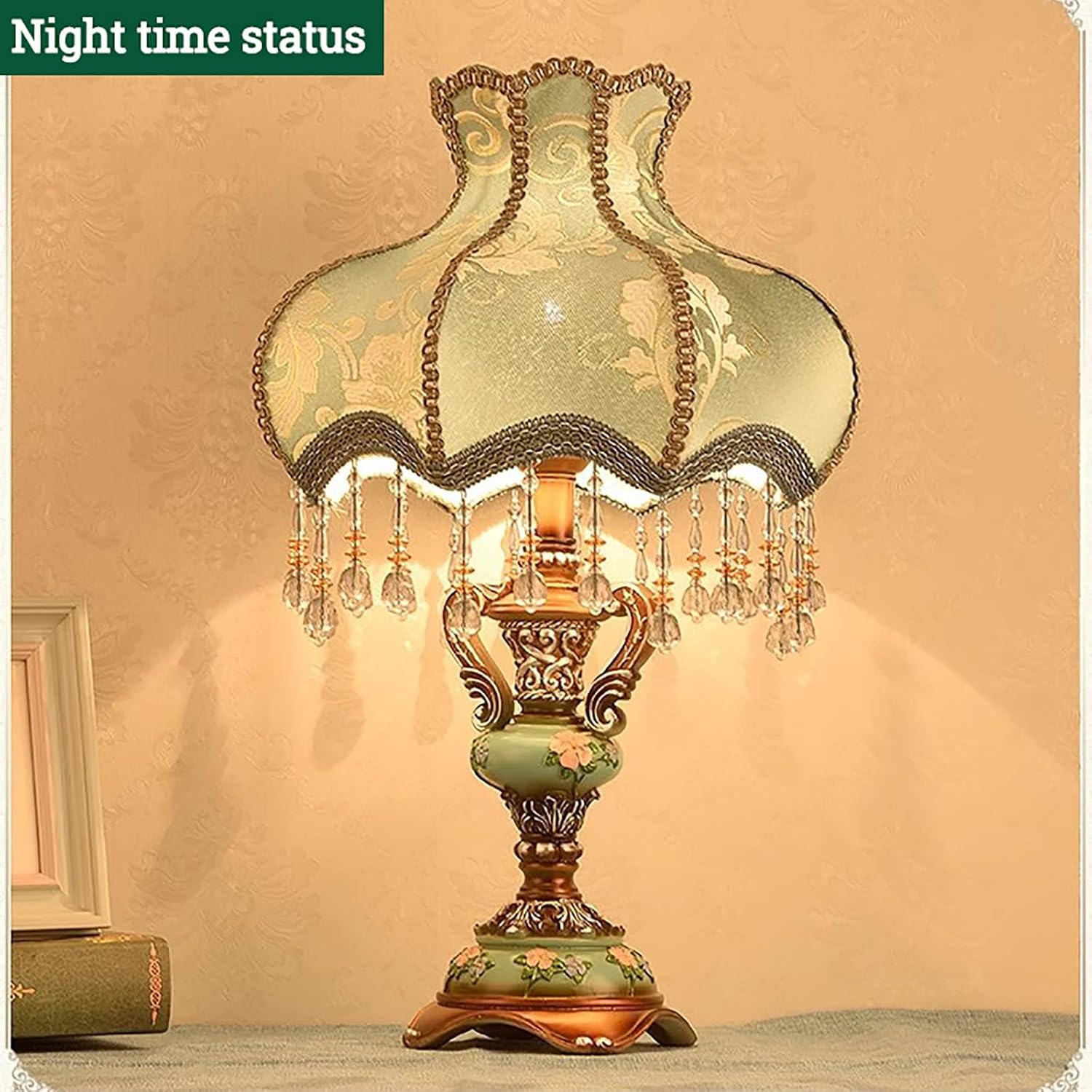 Victorian Lamp Antique Table Lamp,Vintage Fringe Lamp with Shade,European Pastoral Night Stand Flower Lamp Table Light for Bedroom Living Room(11.8' D x 11.8' W x 20.5' H, Red)