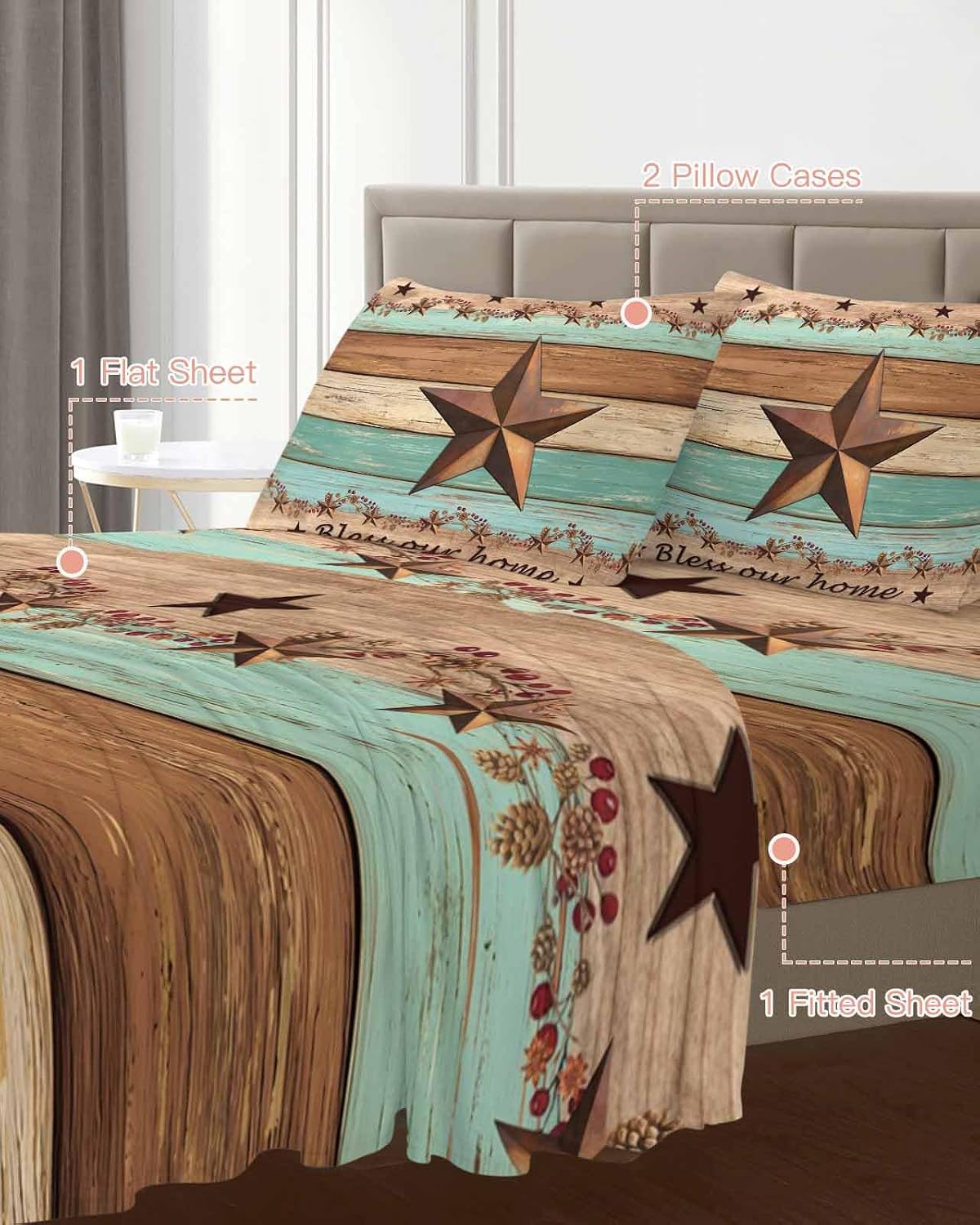Western Texas Star Vintage Cal King Sheet Set 4 Piece Bedding - Retro Farmhouse Brown Green Wood Grain Breathable Comfy Cooling Bed Sheets & Pillowcase Sets,Hotel Flat Sheets Deep Pockets Fitted Sheet