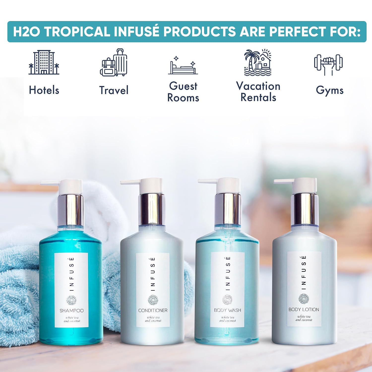 1-Shoppe Infuse 48 Piece Ecobox All-In-Kit | White Tea and Coconut Soap | 12 Shampoo, 12 Conditioner, 12 Body Wash and 12 Lotion | 10.14 oz Hotel Soaps and Toiletries Bulk | Personal Care Products