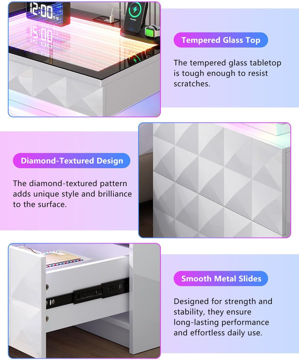 Bedside Table with Charger Station and RGB Lights, Nightstand with 3 Drawers and Sliding Top, Modern Night Stand with Human Body Sensor for Bedroom & Living Room, White