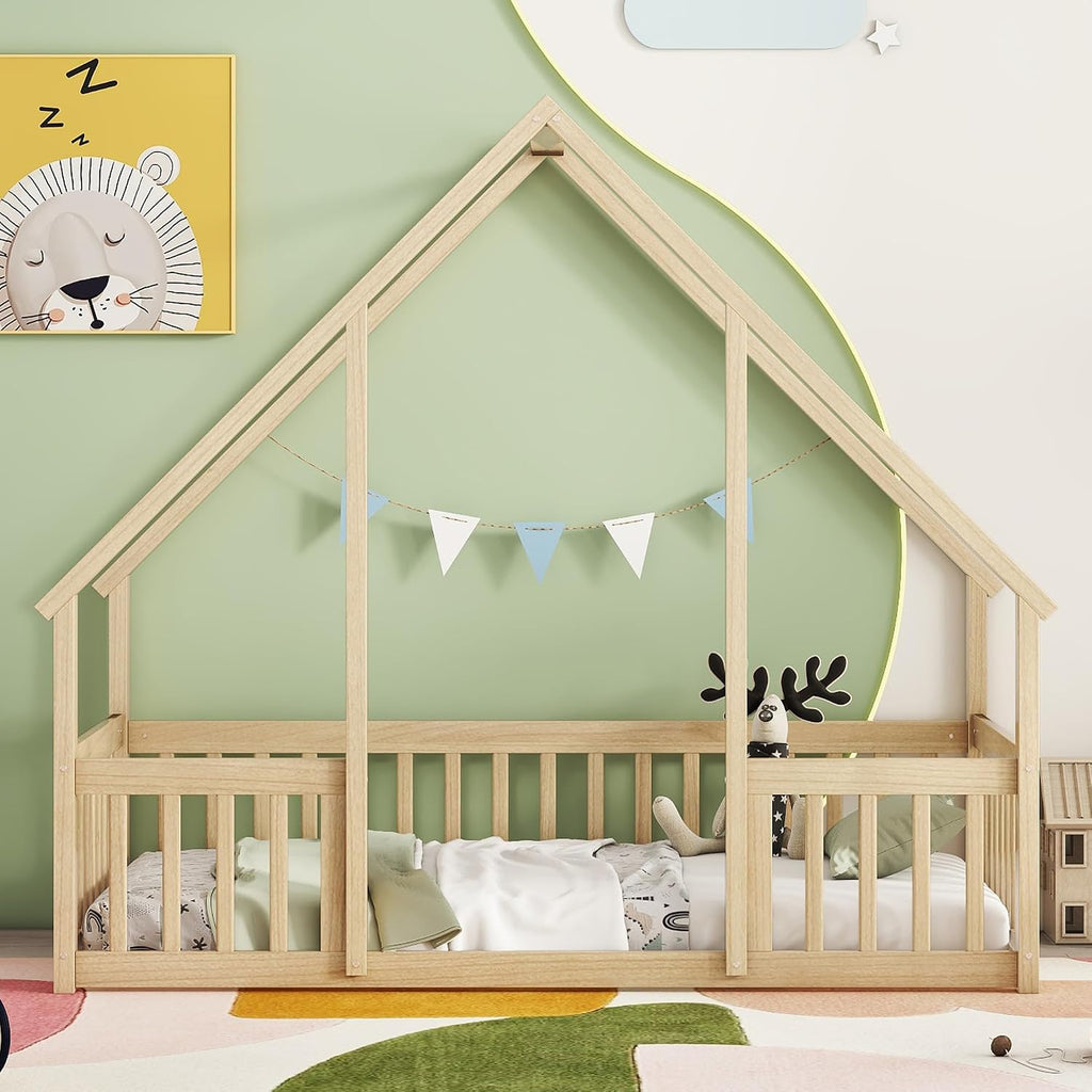 JIVOIT House Bed Twin Size Floor Bed, Wood House-Shaped Floor Bed with Fence Guardrails, Wood House Roof Frame, Montessori Bed Frame (Natural-Twin,129)