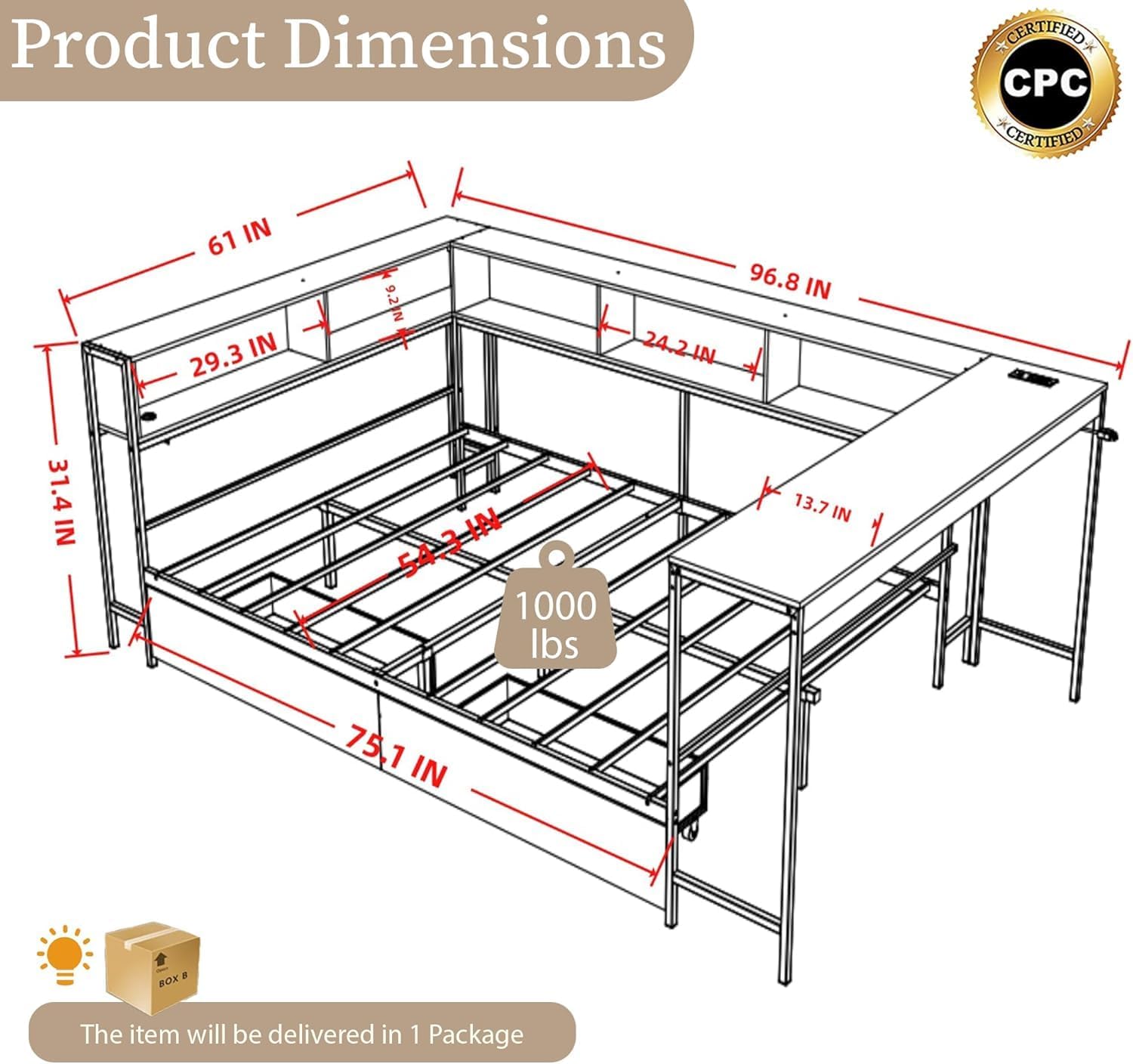 Full Corner Bed Frame with Desk and Storage Bookcase, L- Shaped Daybed with 2 Drawers, LED Lights & 2 Charging Station, Modern Metal Full Size Platform Bed for Kids/Teen Bedroom, Brown