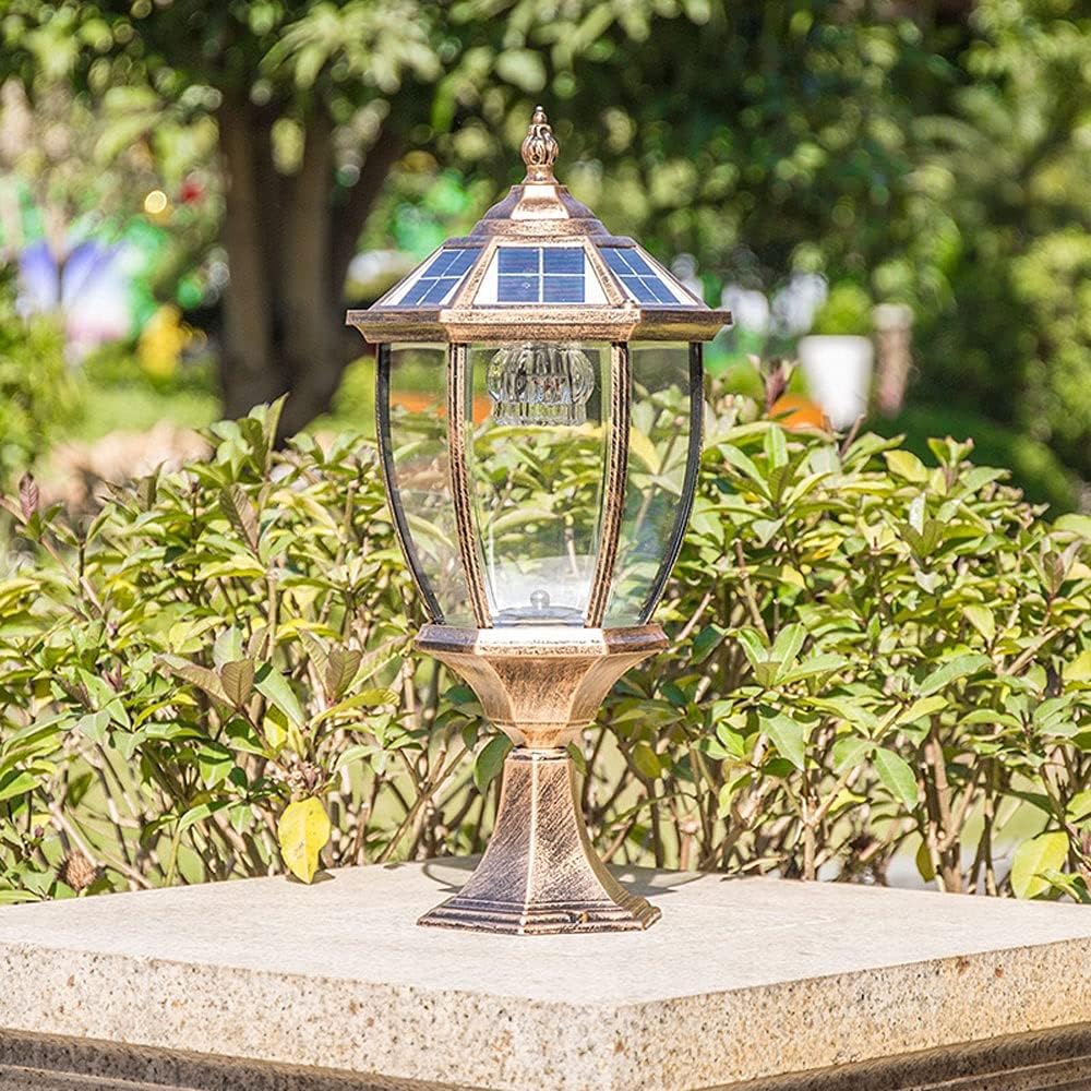 LED Solar Post Pillar Lantern Vintage Outdoor, Classic Glass Shade Aluminum Exterior Column Lamp, IP65 Bollard Lamps Outdoor Pedestal Lights Garden Landscape Lawn Lantern (Color : Brown-3000K)