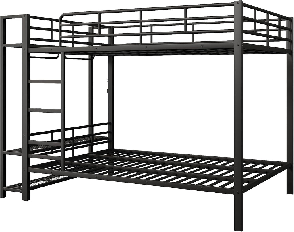 JIVOIT Metal Bunk Bed with Storage Mesh Shelves and Clothes Hooks, Open Storage Shelves, Queen Size Bunk Bed with Full-Length Reinforced Guardrails for Teens and Adults, No Box Spring Needed