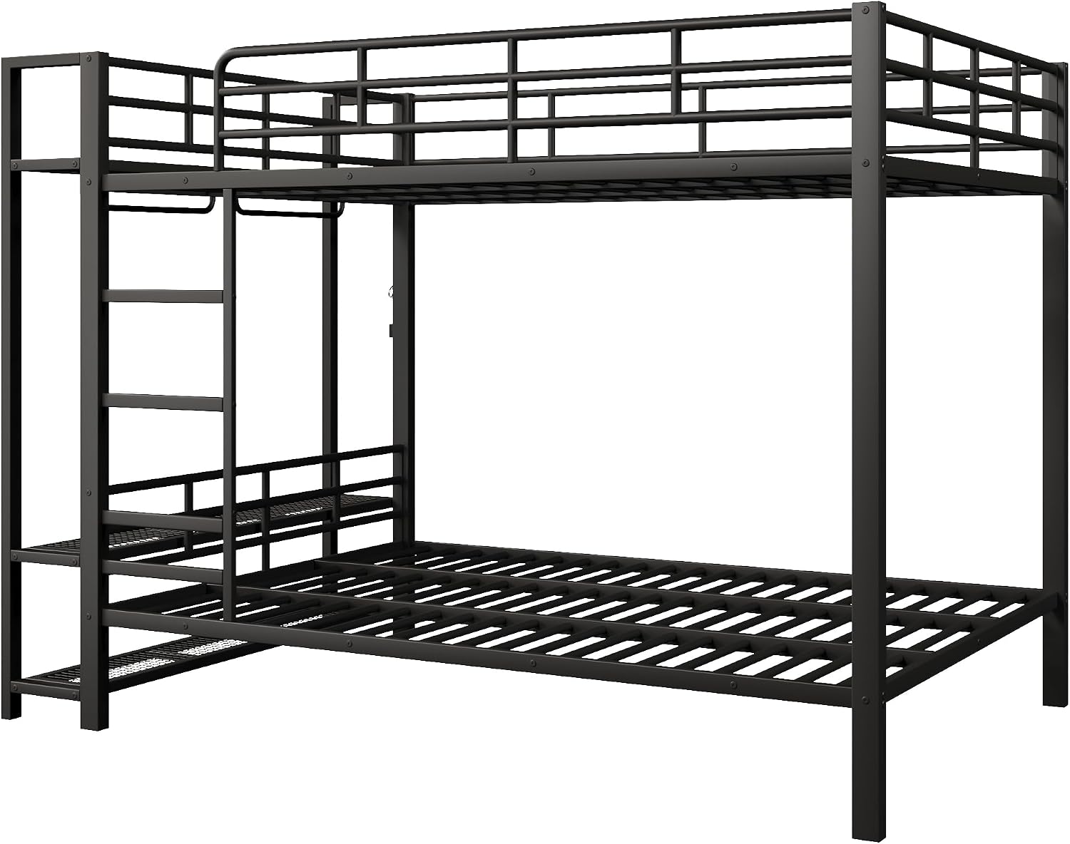 JIVOIT Metal Bunk Bed with Storage Mesh Shelves and Clothes Hooks, Open Storage Shelves, Queen Size Bunk Bed with Full-Length Reinforced Guardrails for Teens and Adults, No Box Spring Needed