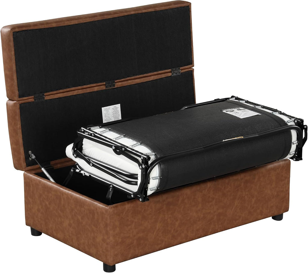 Folding Ottoman Sleeper Bed with Foldable Foam Mattress, Faux Leather Upholstered with Pull Out Bed and Steel Frame Base, Twin Size, for Living Room Bedroom Office (Brown PU)