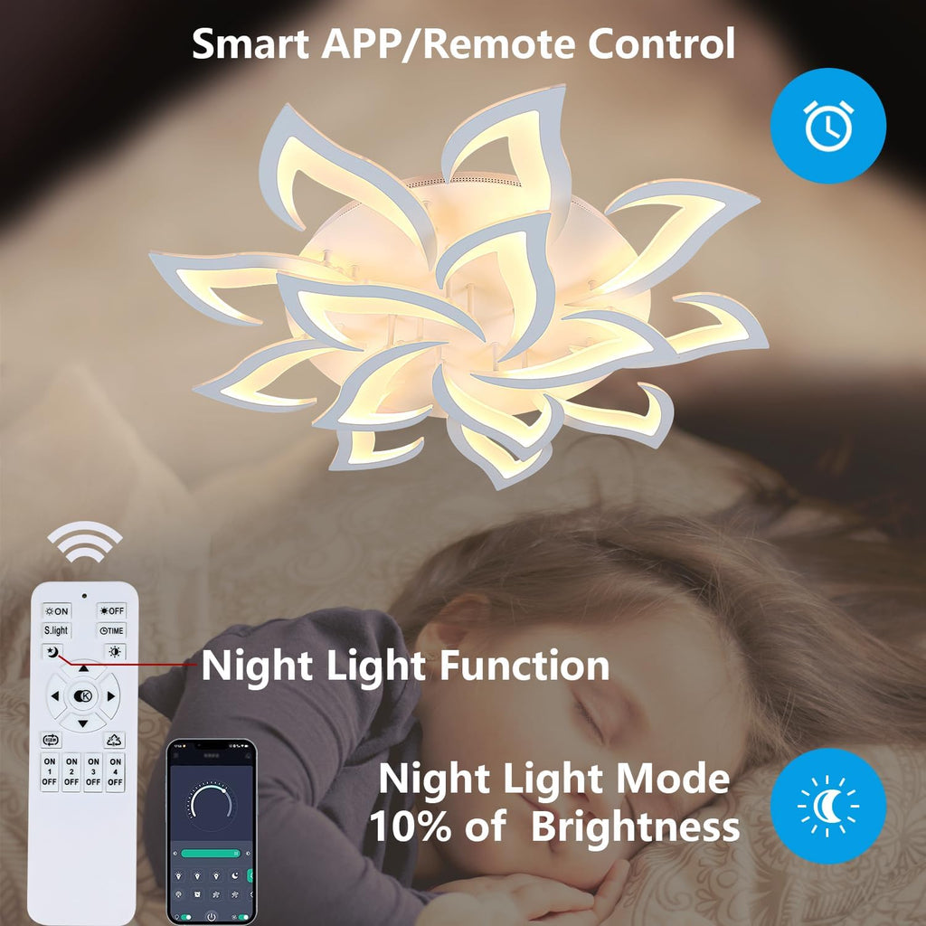 Goeco Modern Ceiling Light, LED Dimmable White 14-Petals Acrylic Flower Design Flush Mount Ceiling Light, 3000K-6500K with APP/Remote Control for Living Room, Dining Room, Kitchen