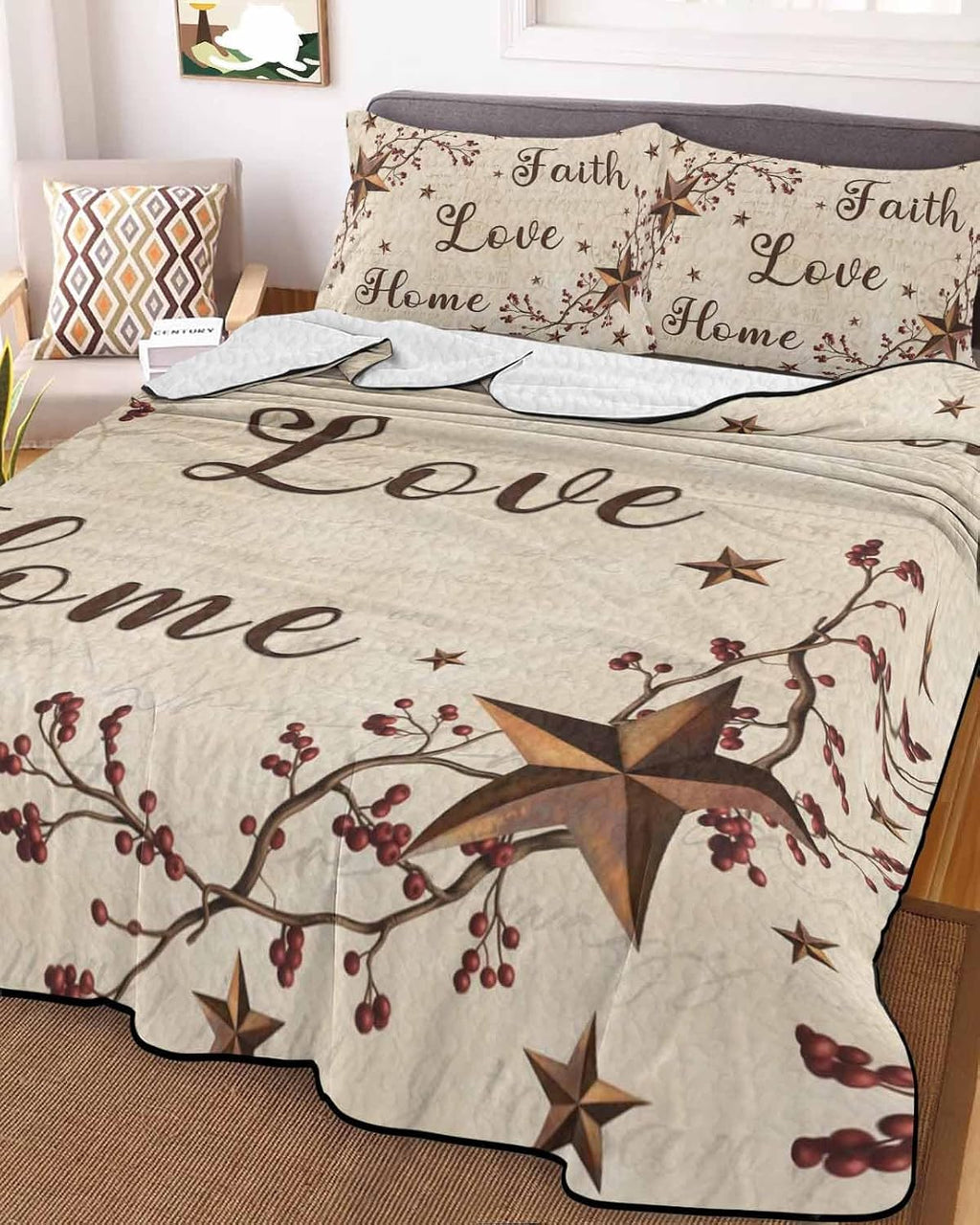 Quilt King Size Bedding Set, Brown Farmhouse Lightweight Summer Quilt 3 Pieces Bedding Sets, Retro Country Stars Rustic Branches Berry Bedspreads Coverlets with 2 Pillow Shams for All Season
