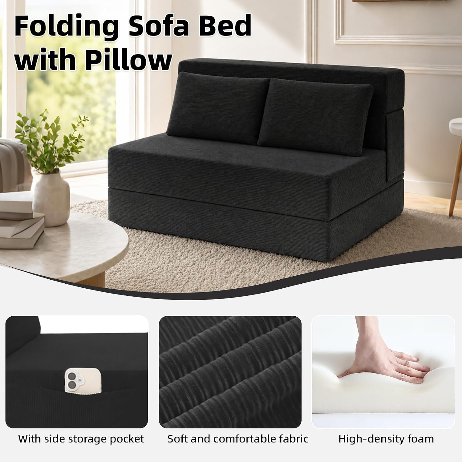 Folding Sofa Bed,Convertible Sleeper Chair with Pillow, Loveseat Fold Out Chair Bed, Memory Foam Floor Couch Mattress, Foldable Futon Couch Lounge for Living Room(Black-Corduroy, Twin XL)