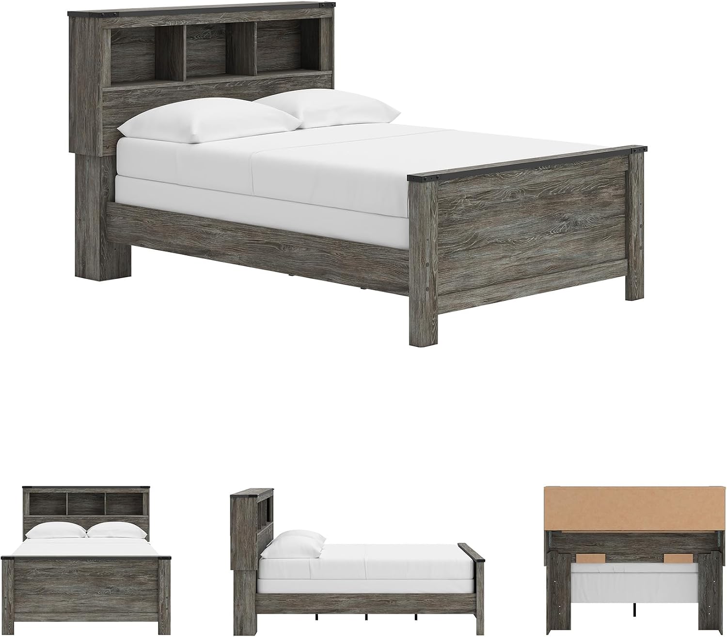 Signature Design by Ashley Frandern Rustic Bookcase Panel Bed with Nailhead Accents, Foundation or Box Spring Needed, Full, Gray