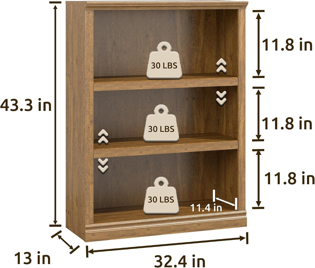 Bevfint 43 in Tall Bookcase, 3-Tier Bookshelf Open Storage, 33 inch Wide Floor Standing Indoor Furniture, Book Cases for Home School Library Office Bedroom Kids, Vintage Oak 3 Tiers