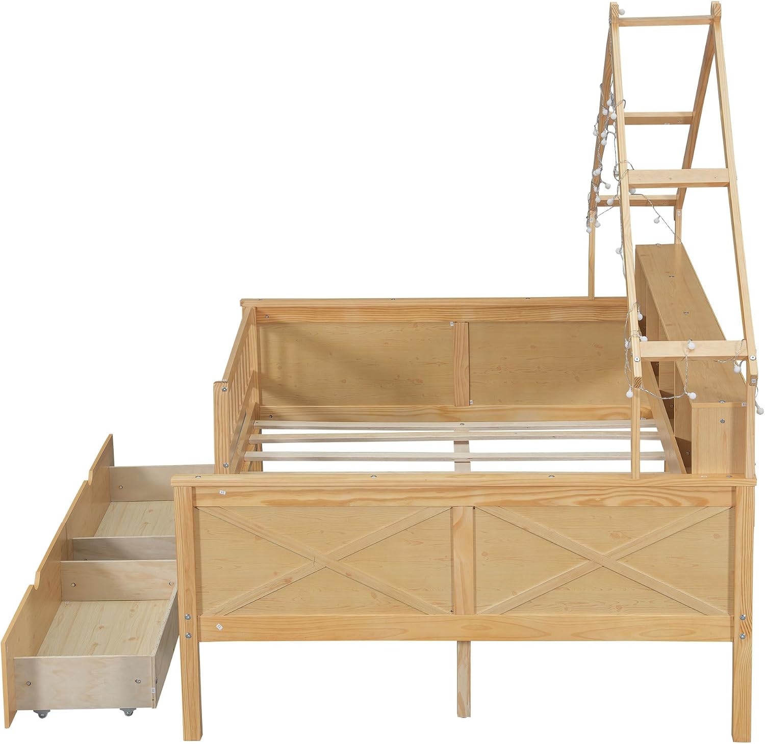 JIVOIT House Beds Wood Platform Bed, Full Size Platform Bed Frame with Storage Shelves, Drawers and Guardrail, Wood Slats Support, No Box Spring Needed (Natural/509)