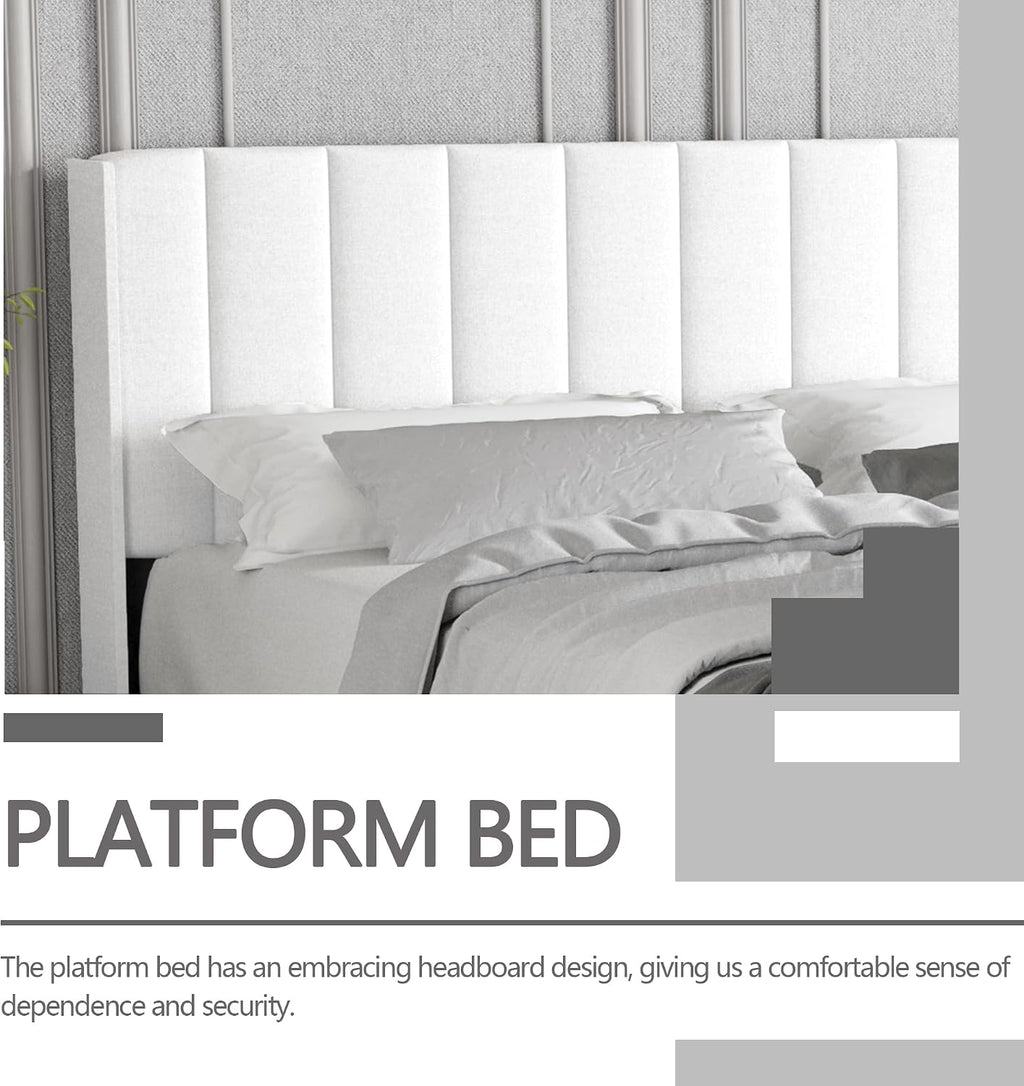 King Size Bed Frame with Headboard, Modern Upholstered Linen Platform Bed, Heavy Duty Wooden Slats Support, No Box Spring Needed, Noise-Free & Easy Assembly, White