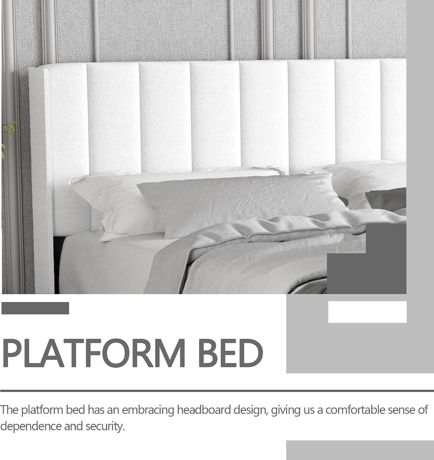 King Size Bed Frame with Headboard, Modern Upholstered Linen Platform Bed, Heavy Duty Wooden Slats Support, No Box Spring Needed, Noise-Free & Easy Assembly, White