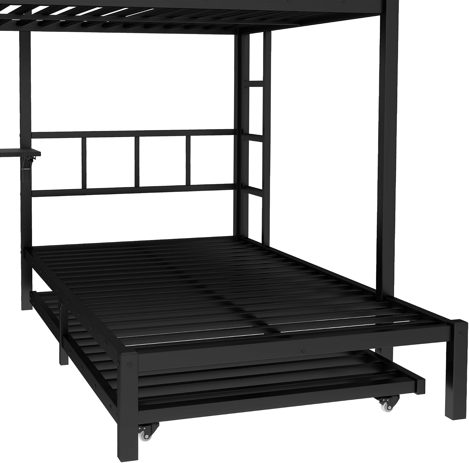 JIVOIT Metal Bunk Bed with Trundle, Queen Over Twin Bunk Bed with Foldable Desk, Built-in Wardrobe, Ladders and Safety Guard, Noise-Reduced Design, Space-Saving, No Box Spring Needed