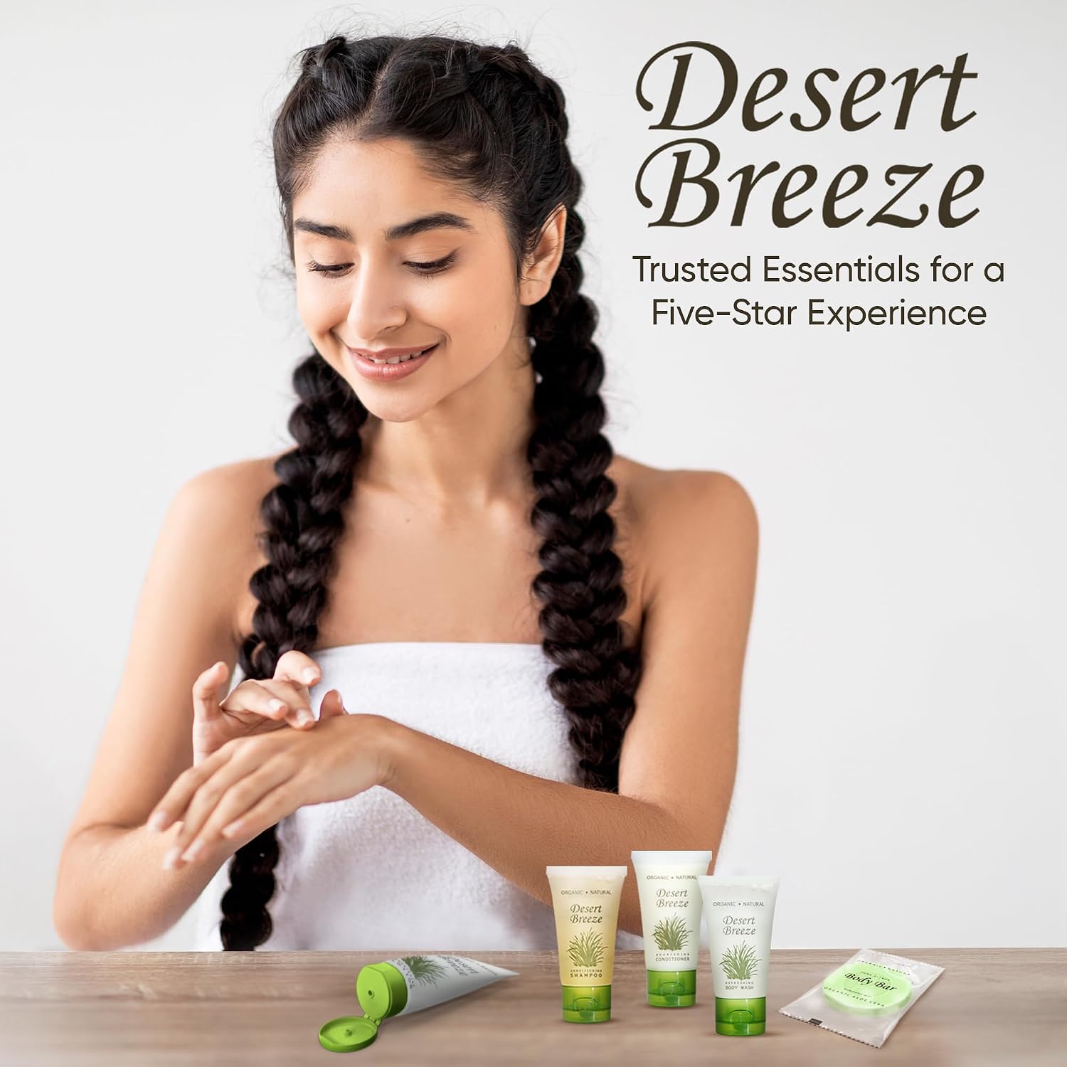 Travel Size Hotel Toiletry Set 150 Count 1 oz Bottles Guest Amenities for Vacation Rentals and Short Term Rentals Paraben Free Green Tea Lemongrass Scent Infused with Aloe and Olive Oil |Desert Breeze