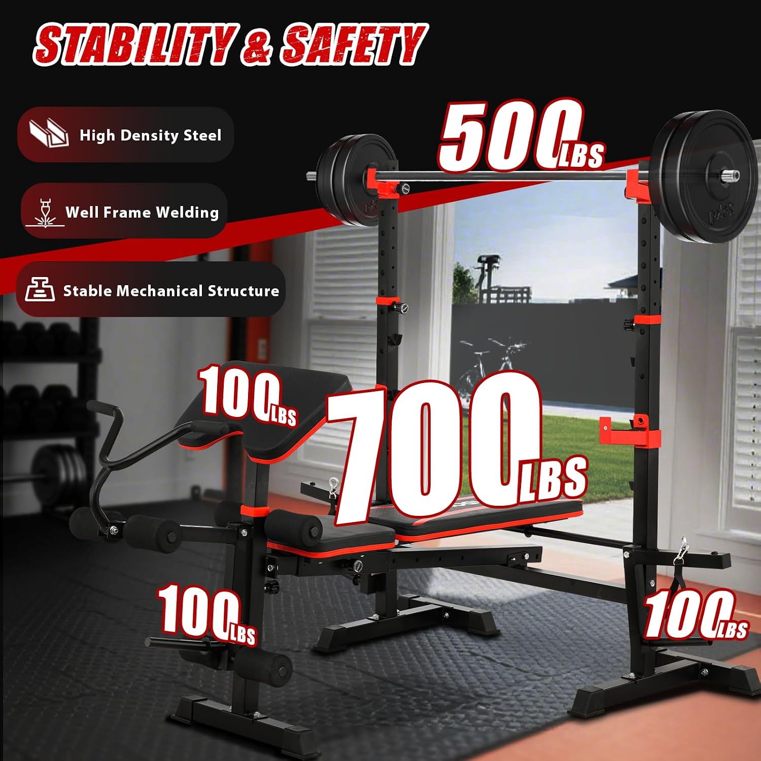 1500LBS 6 in 1 Weight Bench Set with Leg Extension/Curl and Preacher Curl, Bench Press Set and barbell Rack with Safety Bar Catches, Foldable Workout Benches for Home(US Stock)