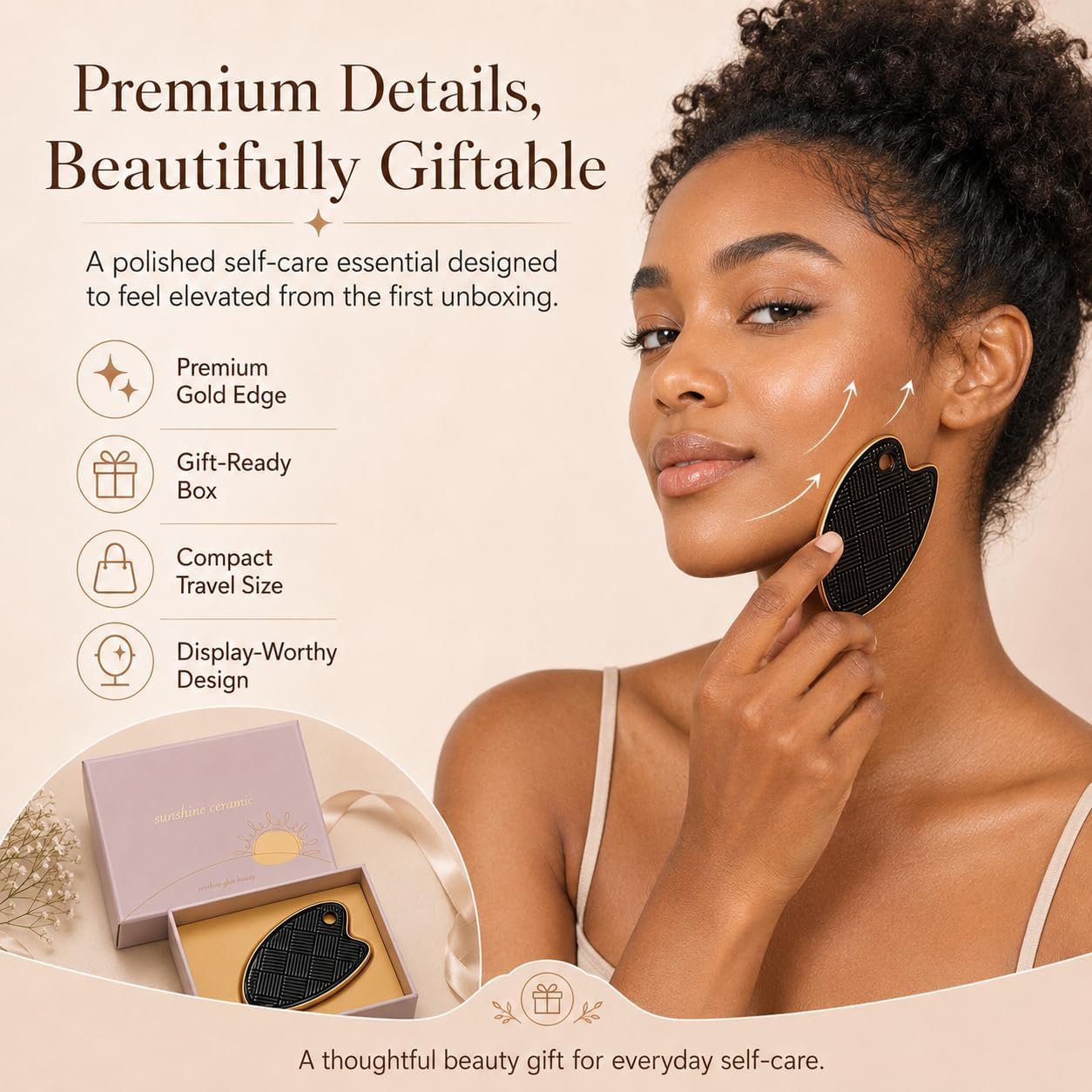 Gua Sha Facial Tool, Made with Premium Gold and Natural Ceramic Stone Face Massager for Jawline Sculpting, Puffiness & Lymphatic Drainage, Guasha Skin Care Tool for Women (Black)