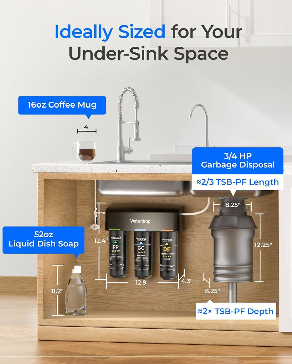 Waterdrop TSB-PF Under Sink Water Filter, Reduces 80+ Impurities-PFAS, Chlorine, Chloramine, Fluoride, Taste&Odor, VOCs, Chloroform, 9 Layer Under Sink Water Filtration System,with A Separate Faucet