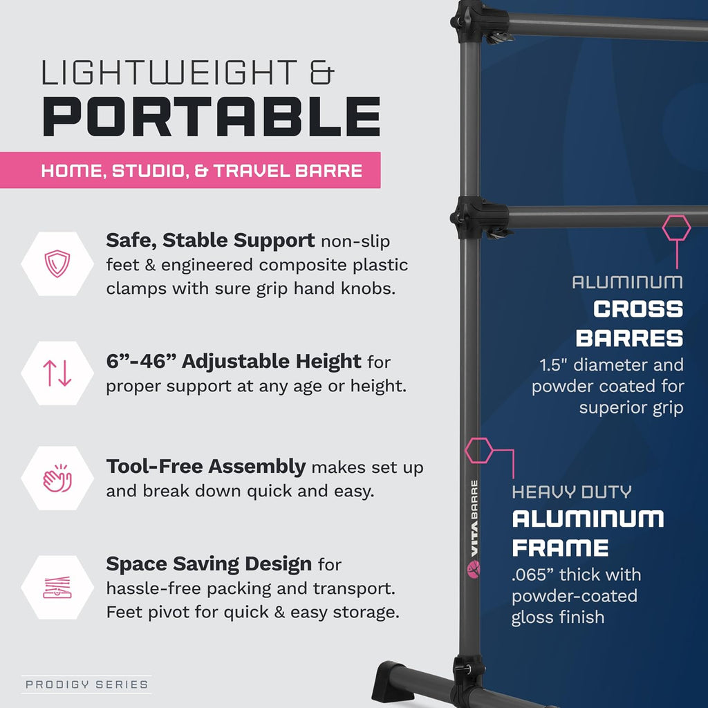 VITA Barre Portable Freestanding Double Ballet Barre, Prodigy, Aluminum | Adjustable Height, USA Made, Home or Gym Exercise Equipment for Kids & Adults | Dance, Fitness, Pilates