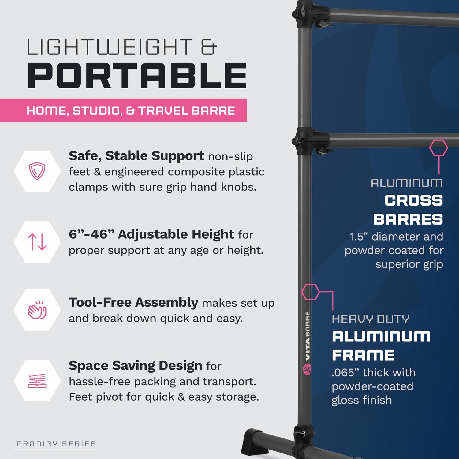 VITA Barre Portable Freestanding Double Ballet Barre, Prodigy, Aluminum | Adjustable Height, USA Made, Home or Gym Exercise Equipment for Kids & Adults | Dance, Fitness, Pilates